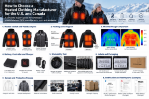 Illustrated heated apparel sourcing checklist covering jackets, heating zones, batteries, washability, labels, production and example reports.