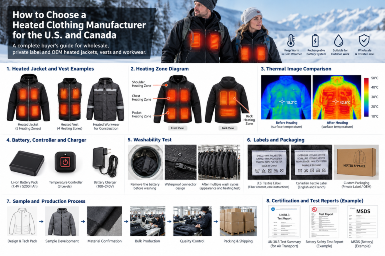 Illustrated heated apparel sourcing checklist covering jackets, heating zones, batteries, washability, labels, production and example reports.